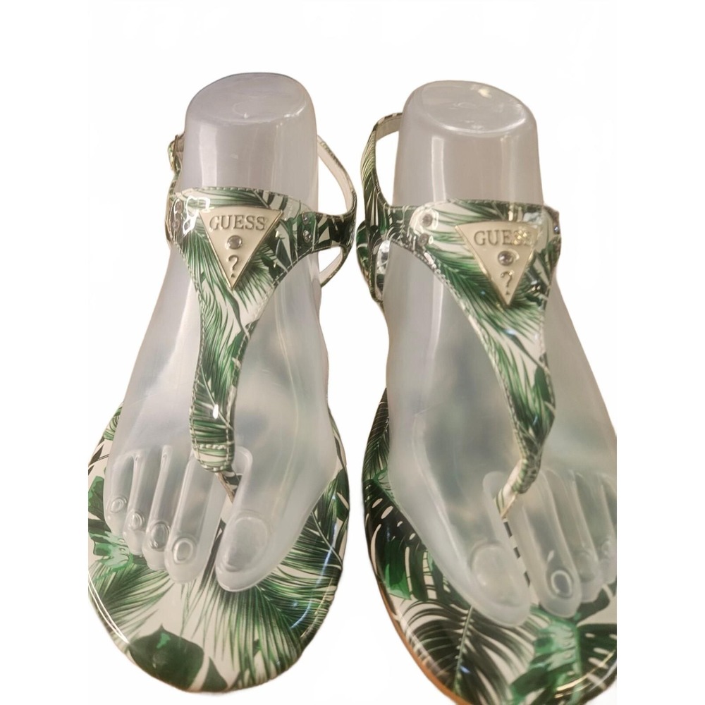 Guess Women's Tropical Leaf Print Thong Sandals Sz 10 Metal Logo
